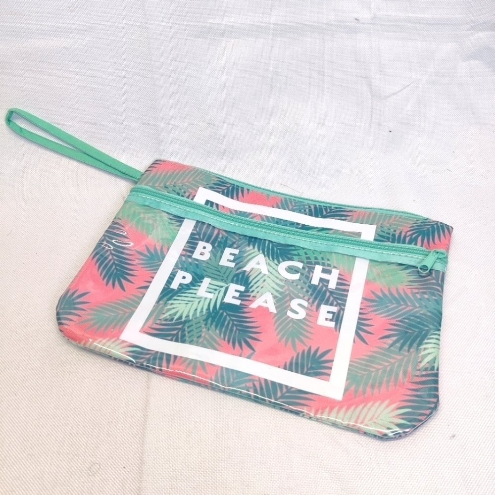 "Beach Please" Makeup Bag Palm Tree Leaf Pink Canvas Zipper Top & Clear Pocket - Picture 2 of 12